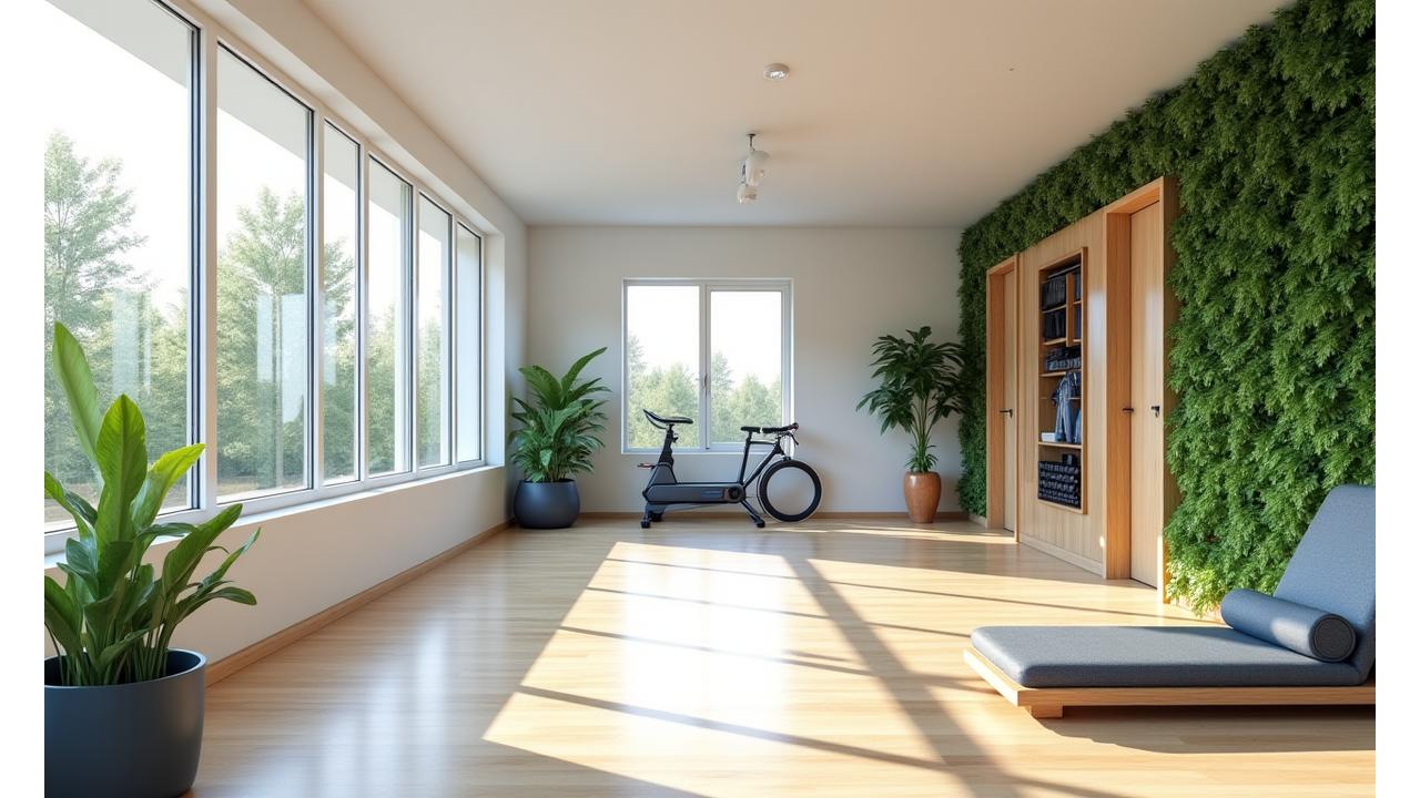 Modern, light-filled apartment home gym with biophilic design elements like living walls and natural wood, showcasing sustainable attributes and a serene atmosphere.