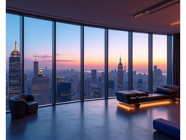 Penthouse apartment gym with full glass walls overlooking a vibrant city skyline
